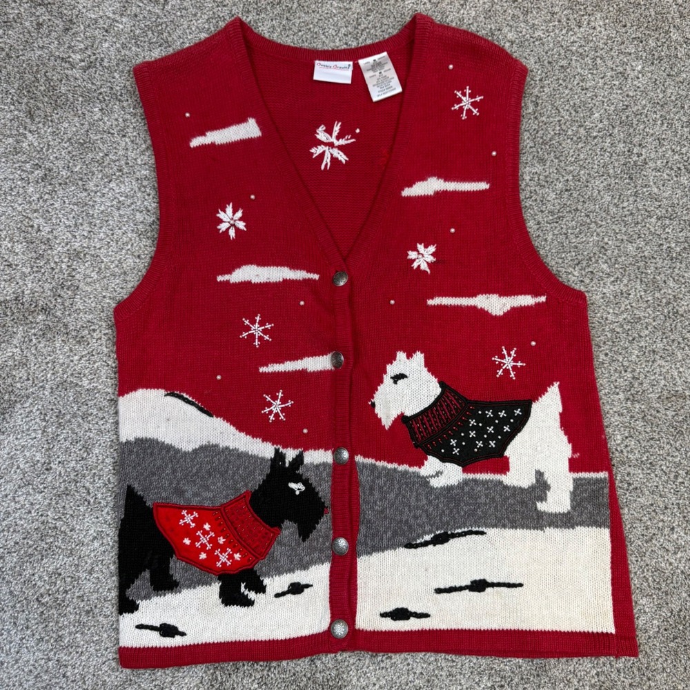 Vintage Bobbie Brooks Christmas Scottie Westie Dog Sweater Vest Red Medium